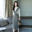 Set: Crew-neck Long-sleeve Knit Top + High Waist Front Slit Suspender Skirt