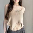 Square Neck Frayed Knit Crop Tank Top Brown - One Size