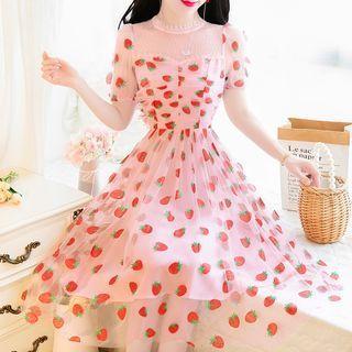 Puff-sleeve Strawberry Printed Mesh A-line Dress