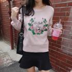 Rose-embroidered Knit Top