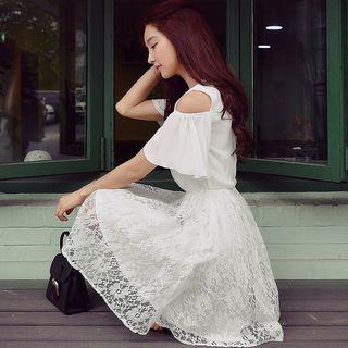 Lace Overlay Cutout Shoulder Bow-accent Short-sleeve Dress