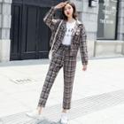 Set: Plaid Buttoned Jacket + Cropped Straight Cut Pants