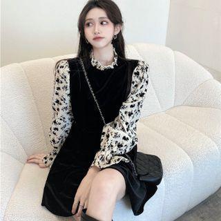 Long-sleeve Floral Panel Velvet A-line Dress (various Designs)