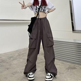 High Waist Wide Leg Plain Cargo Pants