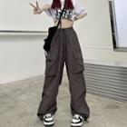 High Waist Wide Leg Plain Cargo Pants