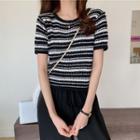 Striped Short-sleeve Knit Top Stripes - Black & White - One Size
