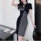 Short-sleeve Checkerboard Paneled Mini Bodycon Qipao Dress