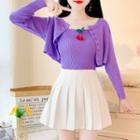 Long-sleeve Plain Knit Cardigan / Cherry Knit Camisole Top / High-waist Plain Pleated Skirt