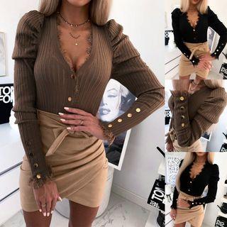 V Neck Lace Panel Knit Top