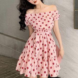 Dotted Short-sleeve A-line Dress Pink - One Size