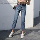 Side-slit Washed Straight Cut Cropped Jeans