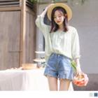 3/4-sleeve Single-breasted Eyelet Top