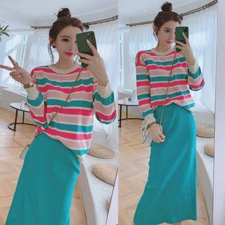 Set: Striped Knit Top + Straight-fit Midi Knit Skirt Top - Stripe - Multicolor - One Size / Skirt - Green - One Size