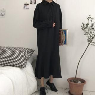 Long-sleeve Ruffle Hem Midi Shirt Dress Black - One Size