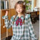Bow Plaid Long-sleeve Top Green - One Size