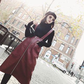 Faux Leather Midi Suspender Skirt