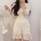 Long-sleeve V-neck Drawstring Plain Lace Dress