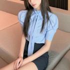 Pinstriped Short-sleeve Blouse / Mini Pencil Skirt