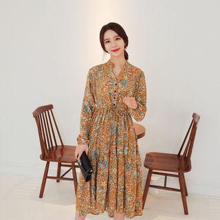 Half-placket Floral Print Tiered Dress