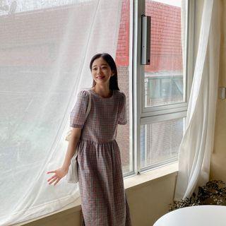 Shirred-waist Long Plaid Dress Blue - One Size