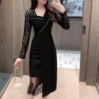 Asymmetrical Long-sleeve Midi A-line Lace Dress