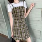 Short-sleeve Contrast Trim T-shirt / Spaghetti Strap Plaid A-line Mini Dress / A-line Mini Skirt