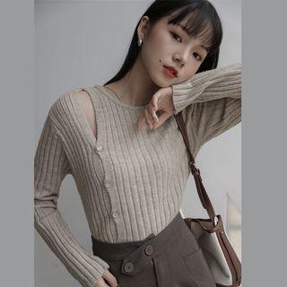 Long-sleeve Cutout Button-accent Knit Top