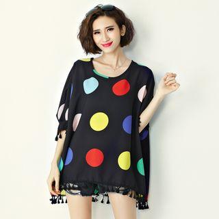 Tassel Trim Printed Chiffon Blouse
