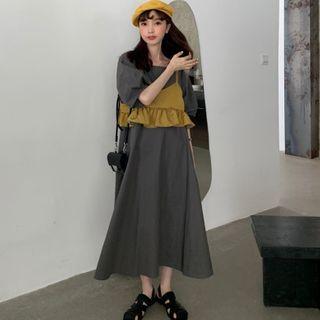 Bubble-sleeve Loose-fit Midi Dress / Ruffled Plain Top