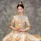 3/4-sleeve Sequined Embroidered Qipao Wedding Gown