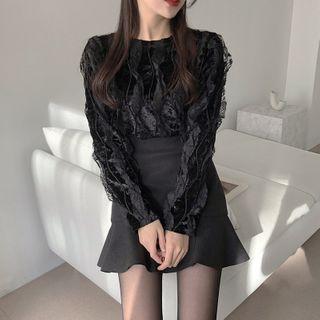 Ruffled Shirred Velvet Blouse / A-line Skirt