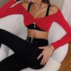 Set: Long-sleeve Off-shoulder Crop Top + Bralette