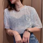 Elbow-sleeve Sequined Sheer T-shirt