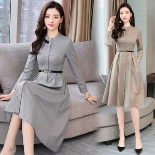 Asymmetric Long-sleeve Patterned A-line Dress