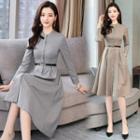 Asymmetric Long-sleeve Patterned A-line Dress