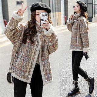Contrast Trim Plaid Zipped Coat