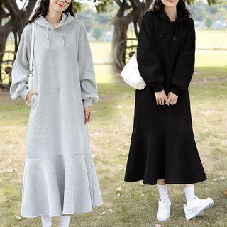 Ruffle Trim Midi A-line Hoodie Dress