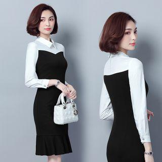 Two-tone Long-sleeve Ruffle Hem Sheath Dress