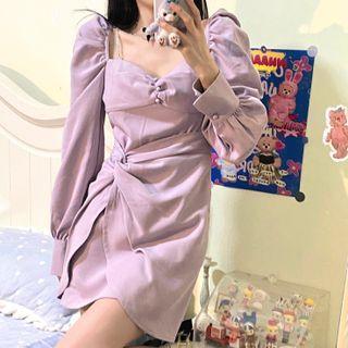 Puff-sleeve Square-neck Mini Wrap Dress