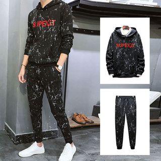 Set: Splash Print Lettering Hoodie + Sweatpants
