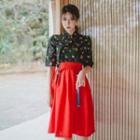Elbow-sleeve Midi Skirt Hanbok Set (floral / Red)