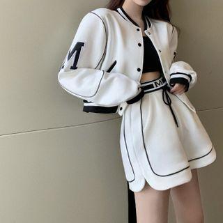 Lettering Cropped Baseball Jacket / Wide Leg Sweatshorts