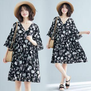 Floral V-neck Elbow-sleeve A-line Dress