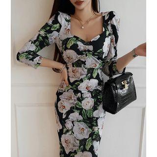Sweetheart-neck Shirred Floral Mermaid Dress