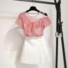 Set: Short-sleeve Plaid Blouse + Mini A-line Skirt