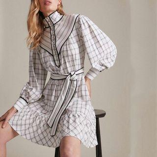 Stand Collar Plaid Mini A-line Dress