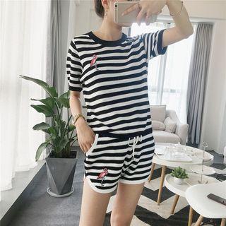 Set: Flamingo Embroidered Striped Short Sleeve Knit Top + Drawstring Shorts