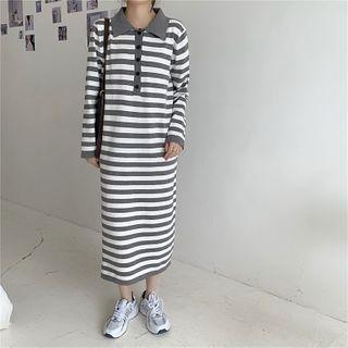 Striped Polo-neck Midi Knit Dress