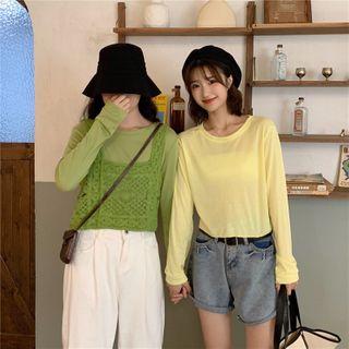 Set: Long-sleeve Plain T-shirt + Lace Vest
