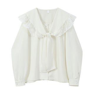 Long-sleeve Lace Panel Peter Pan Collar Shirt Almond - One Size